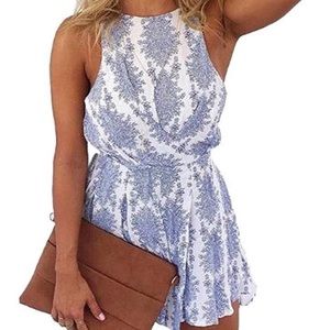 blue & white romper - perfect for warm nights. Easy to dress up or wear casual!